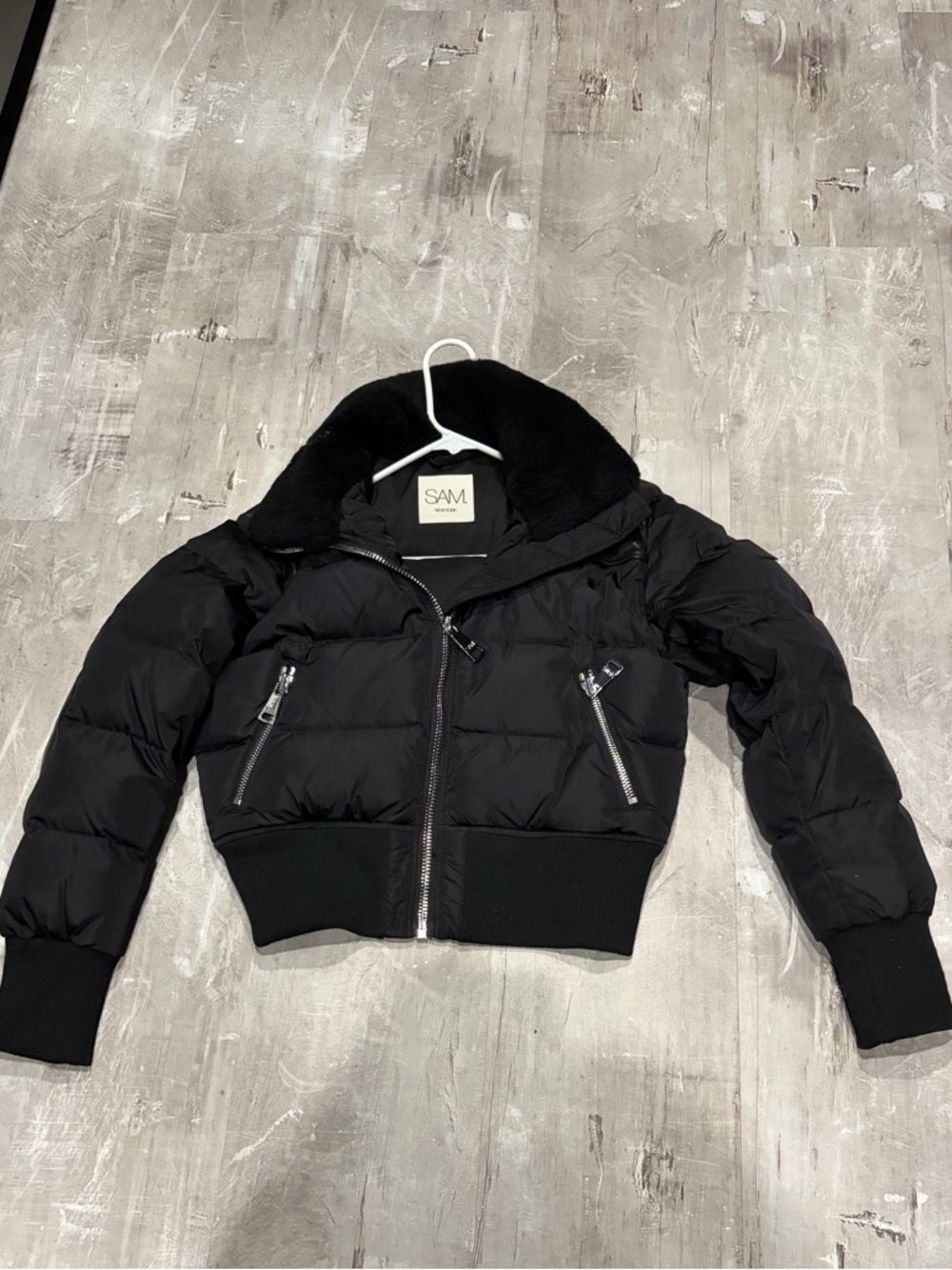 SAM. Black Cropped Puffer Jacket with Plush Collar